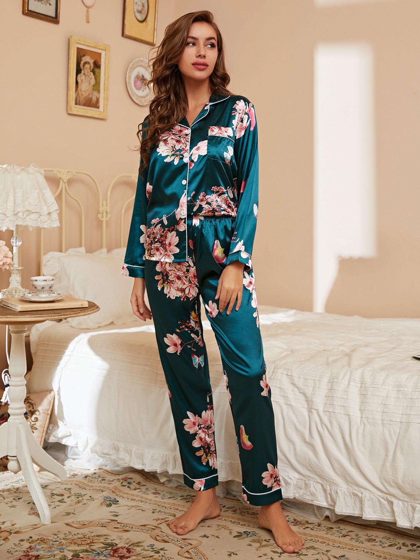 Magnolia Satin Long Blossom Pyjamas - Ready to ship