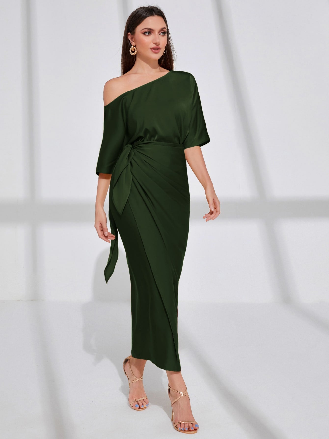 Dark green Asymmetrical Satin Evening Dress - Ready to ship