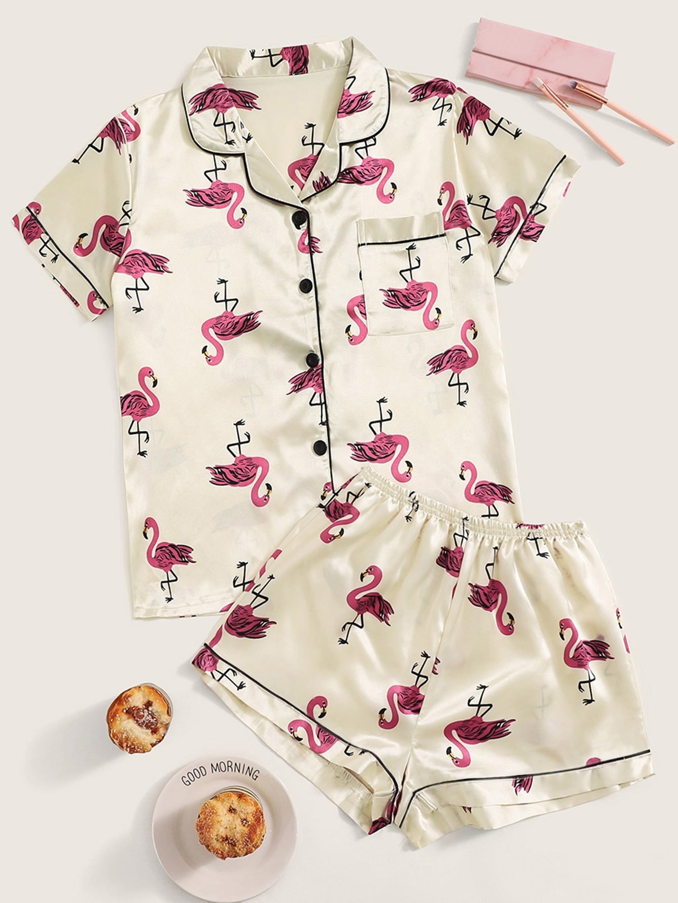 Ladies Summer Satin Pyjama  - Flamingos
