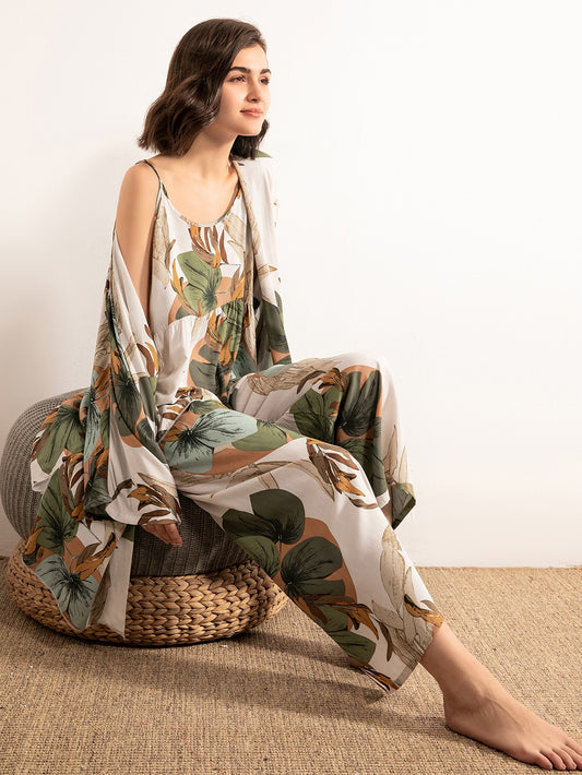 Leaf Print Cami Pyjama Set With Robe