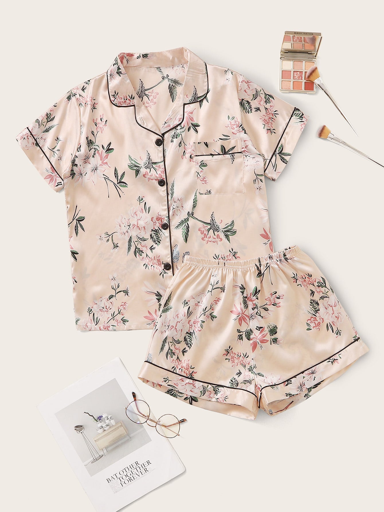 Ladies Summer Satin Pyjamas  - Pink Cherry Blossoms