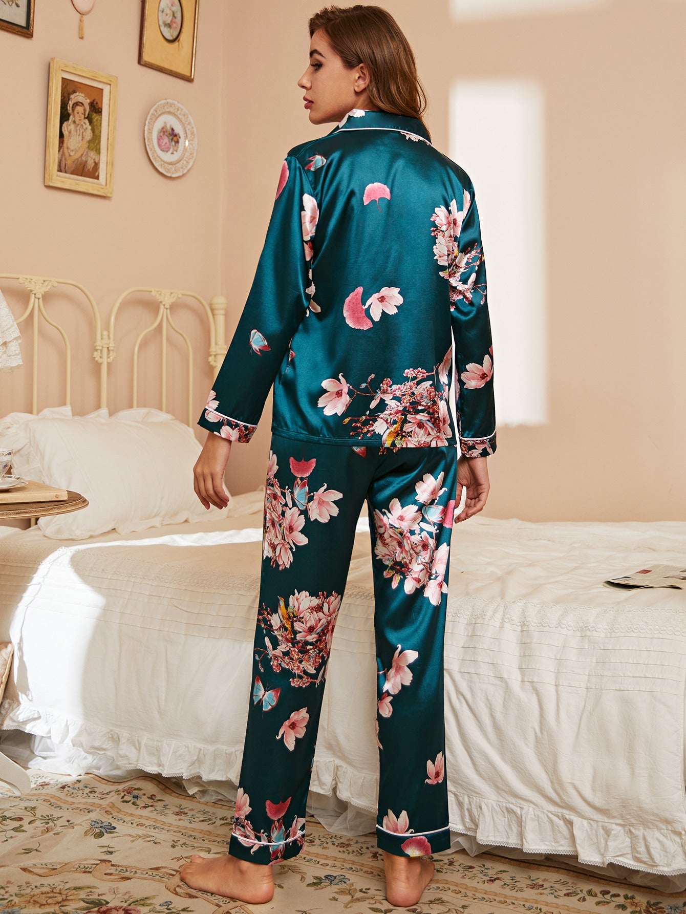Teal Satin Blossom Pyjamas