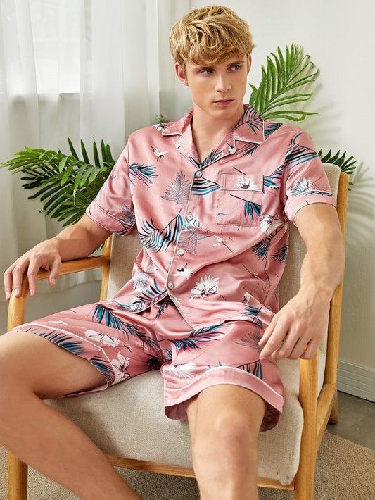 Men's Tropical Print Satin Pyjama Set