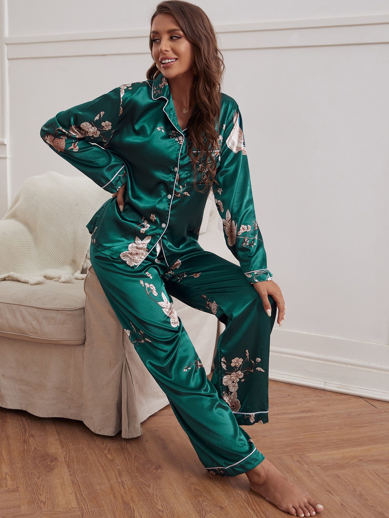Floral Print winter Satin Pyjama Set