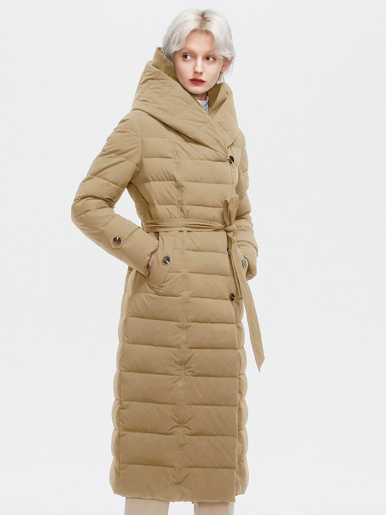 Single Breasted Hooded Belted Long Puffer Coat