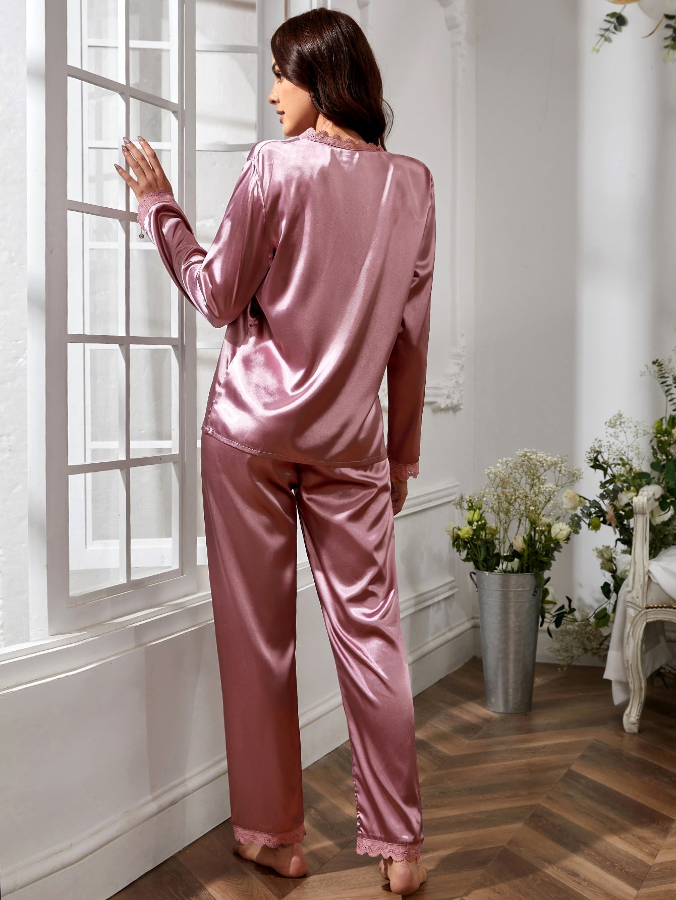Lace Trim Long Satin Pyjama Set