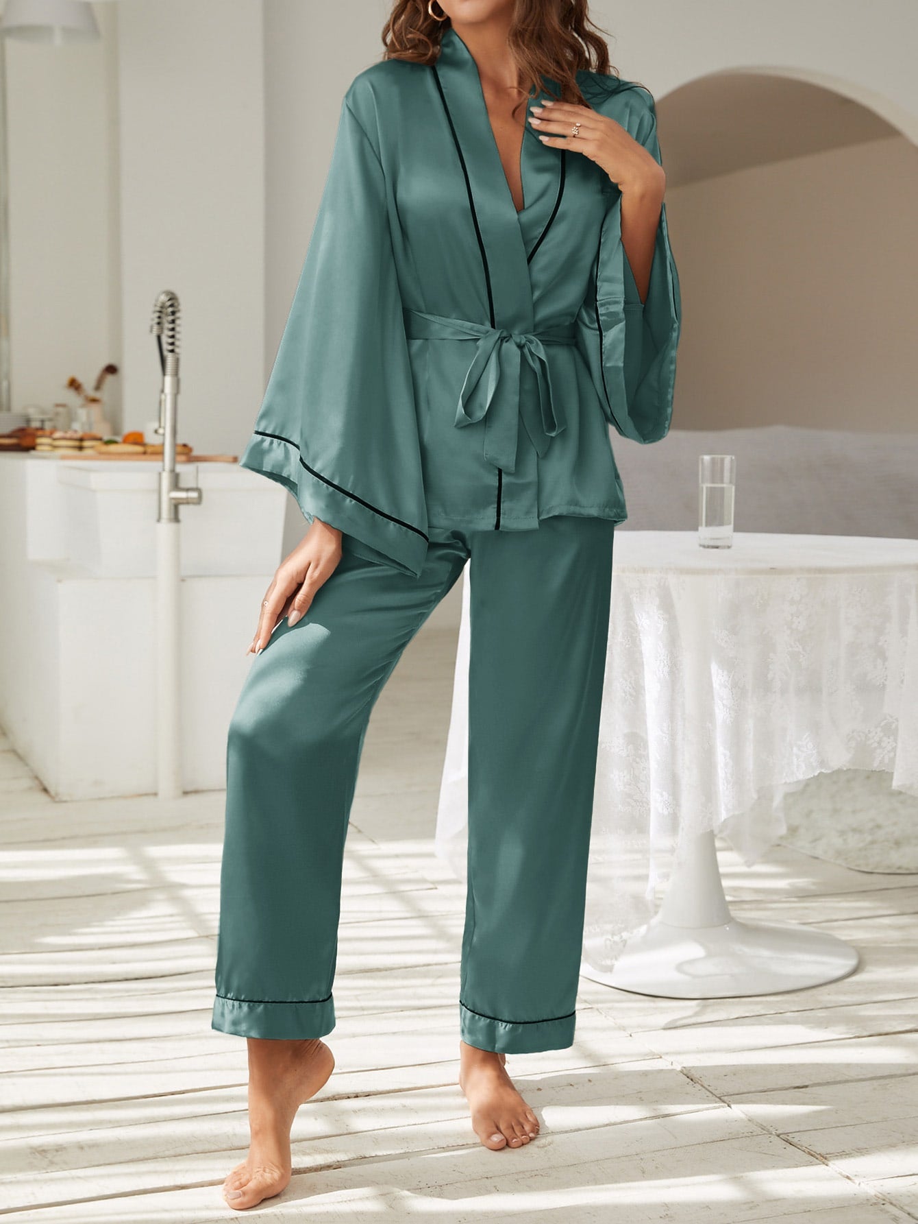 Ladies Satin Pyjama Set - Long Bell Sleeve Top & Long Pants
