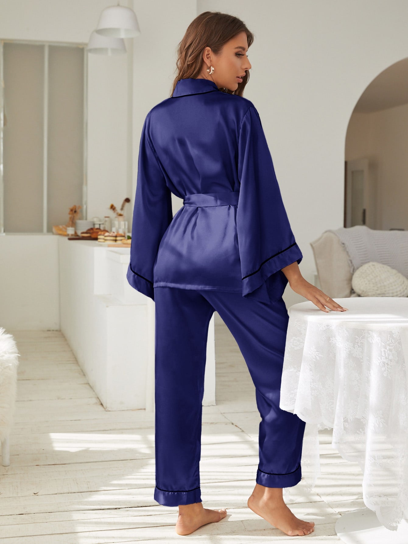 Ladies Satin Pyjama Set - Long Bell Sleeve Top & Long Pants