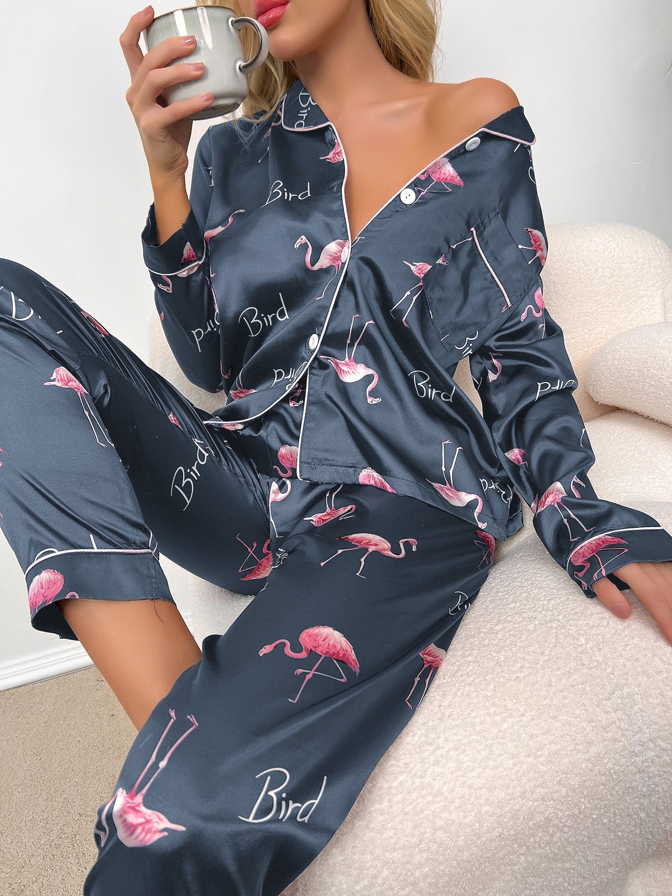 Ladies Winter Satin Pyjamas - Flamingo