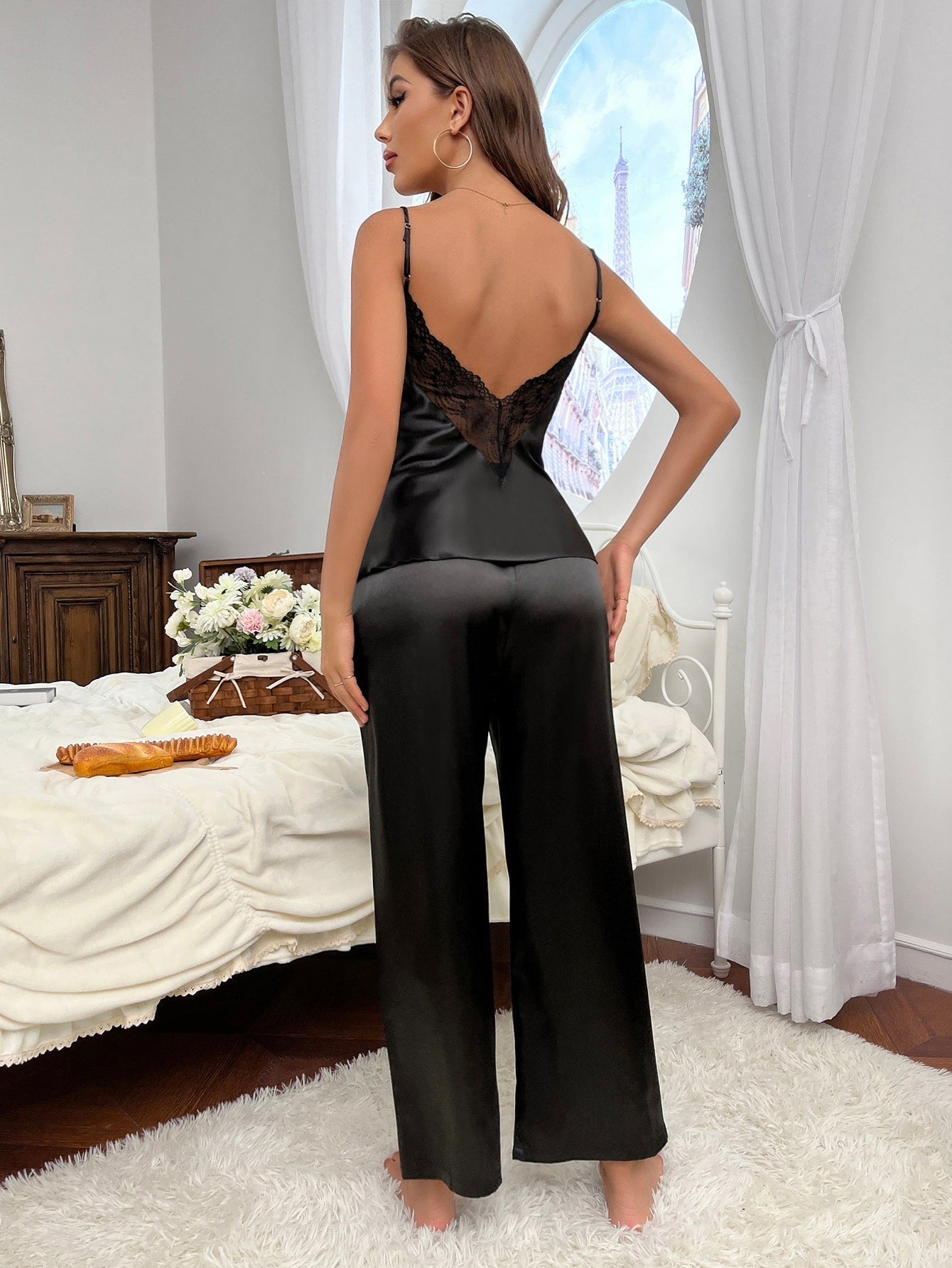Ladies Satin Pyjama Set - Cami lace top & Pants - Ready to ship