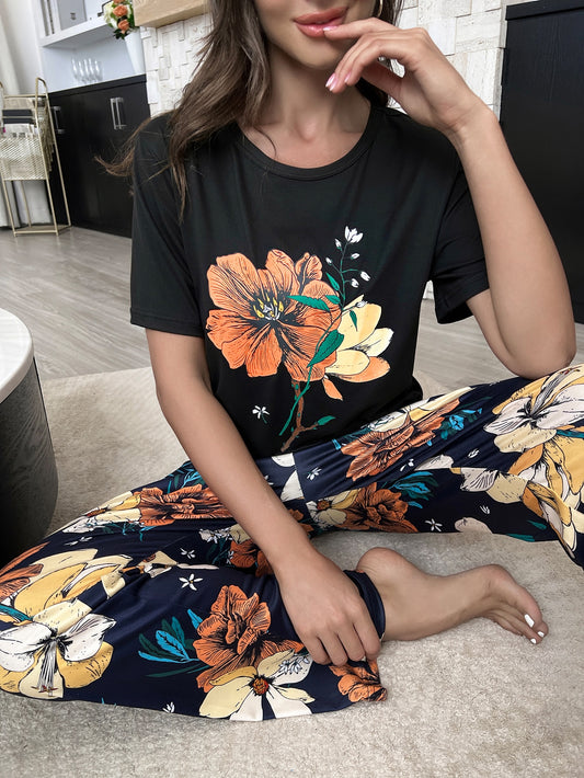 Floral Print T-shirt & Pants PJ Set
