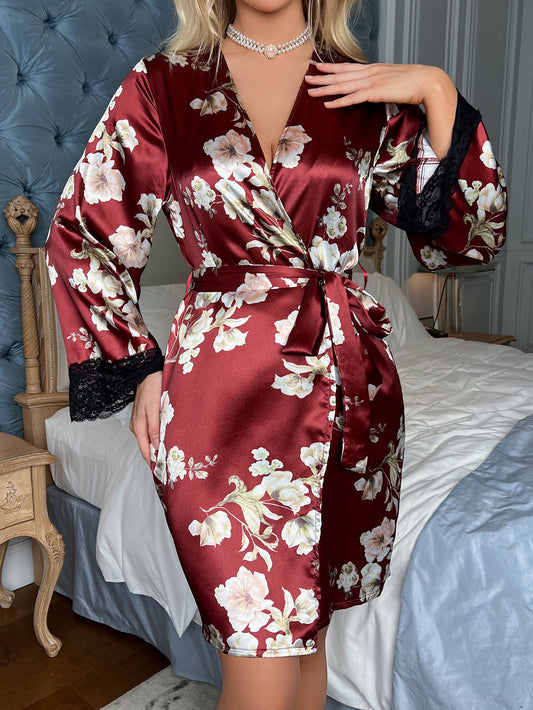 Floral Print Satin Robe with a Lace Trim