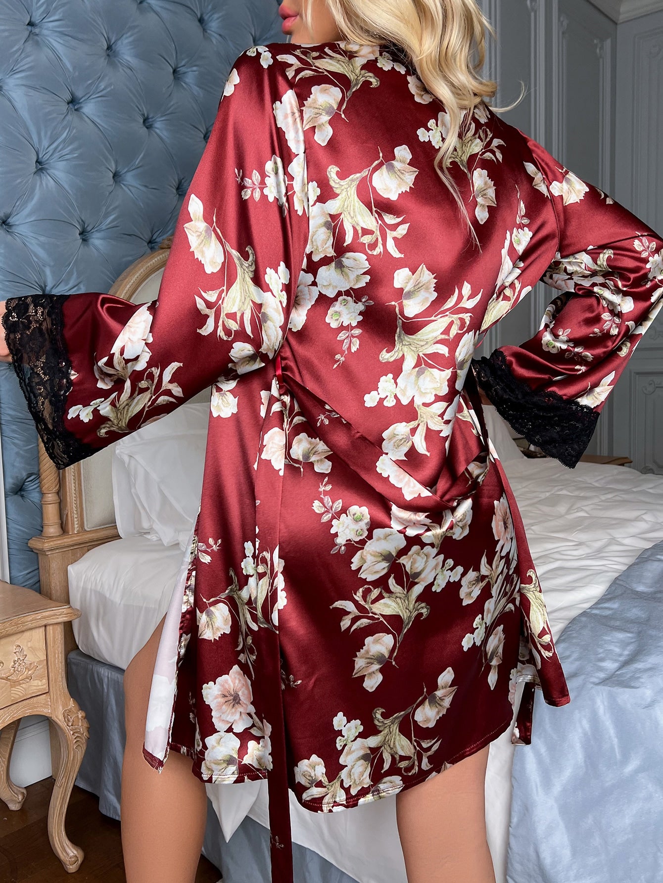Floral Print Satin Robe with a Lace Trim