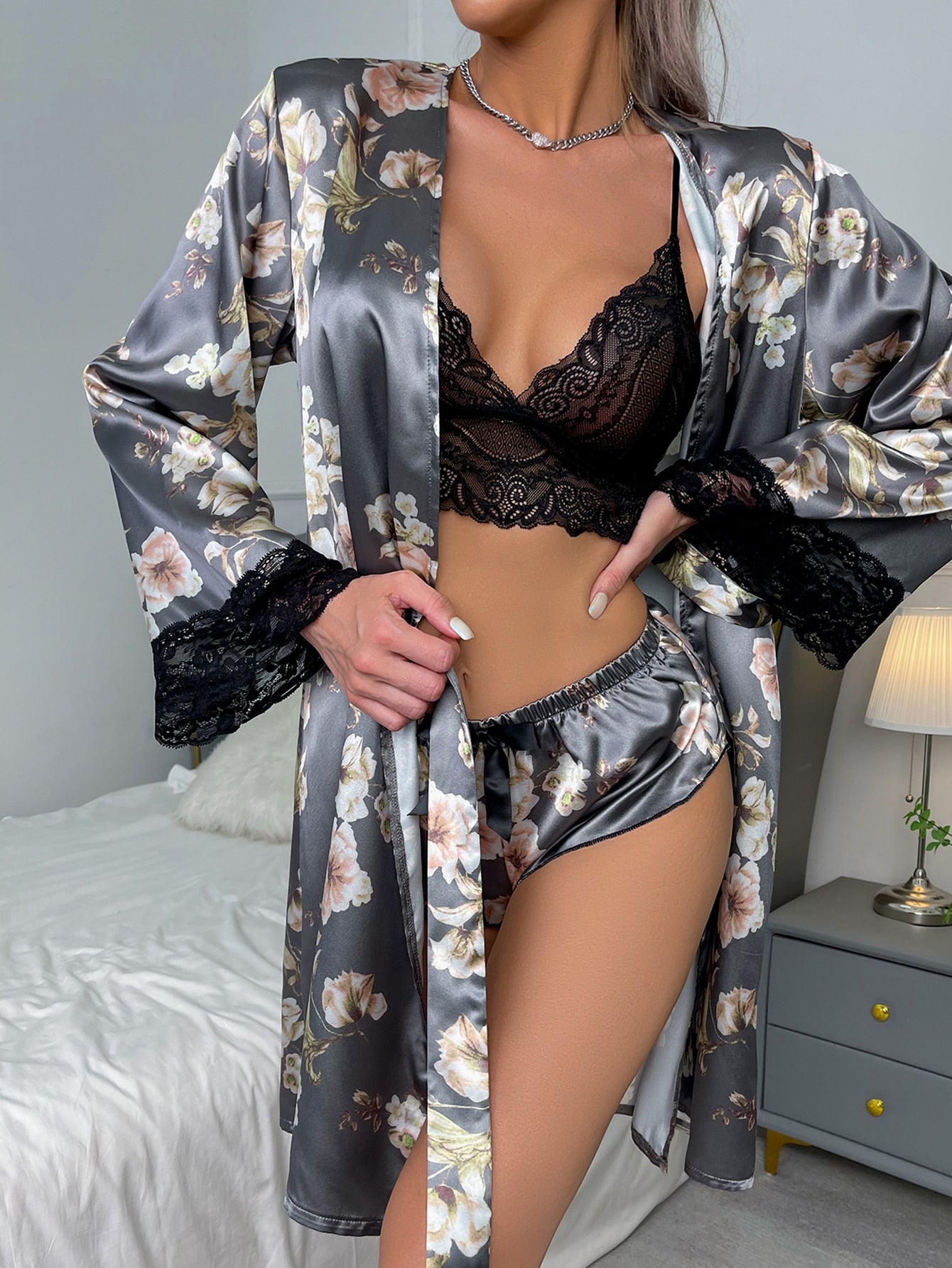 Floral Print Robe with Lace Trim