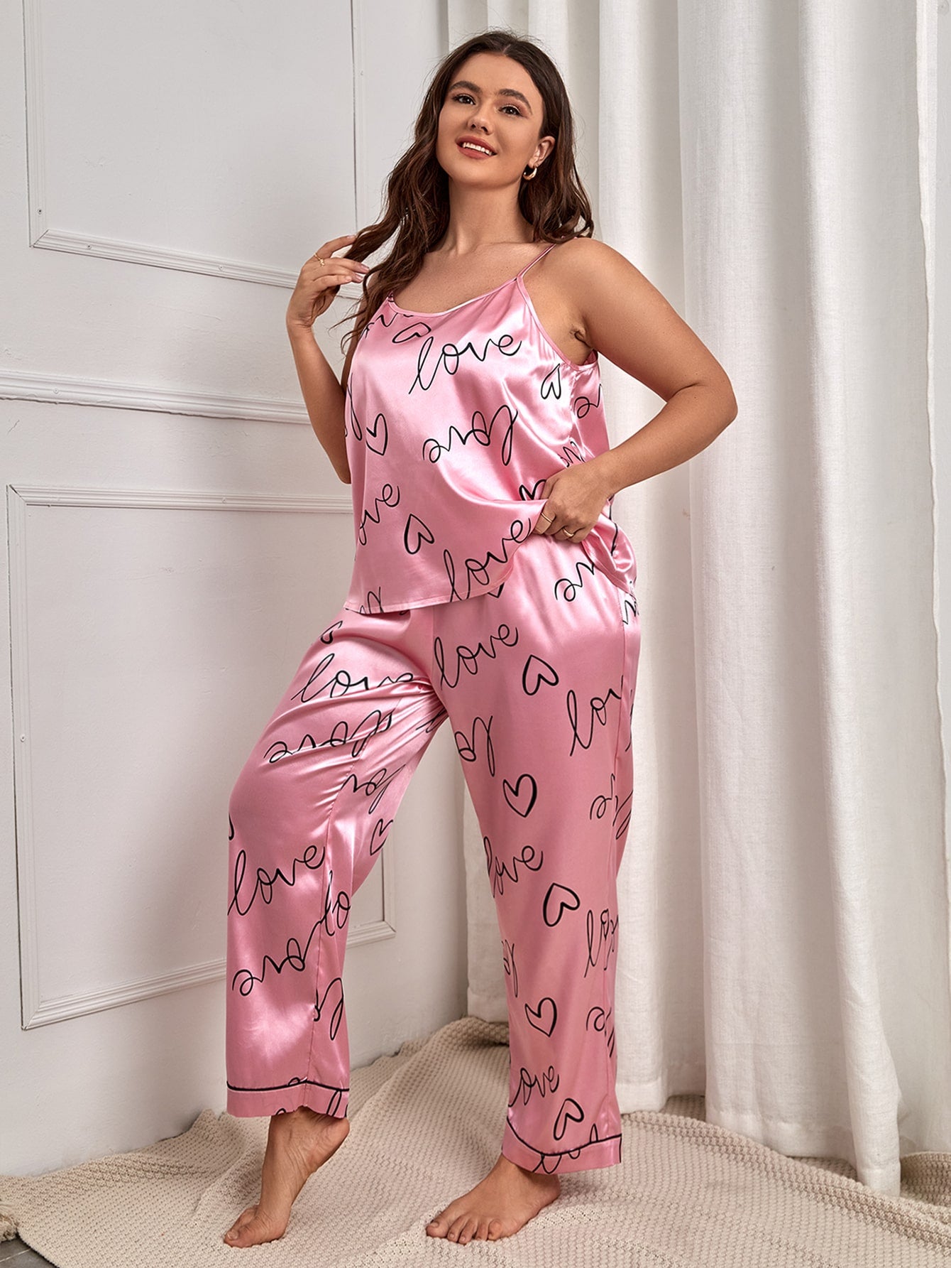 Heart Satin Cami & Long Pants Pyjama Set