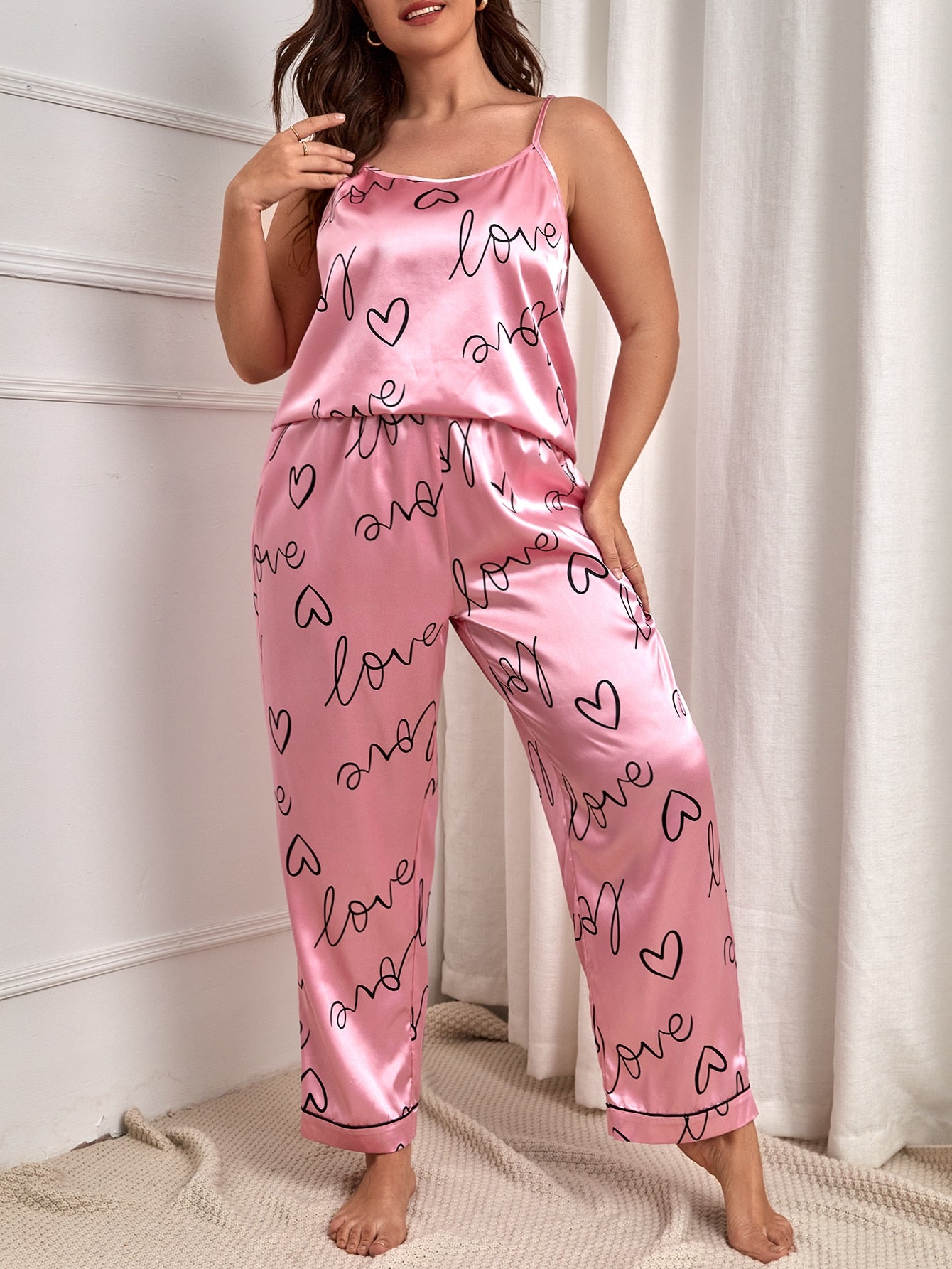 Heart Satin Cami & Long Pants Pyjama Set
