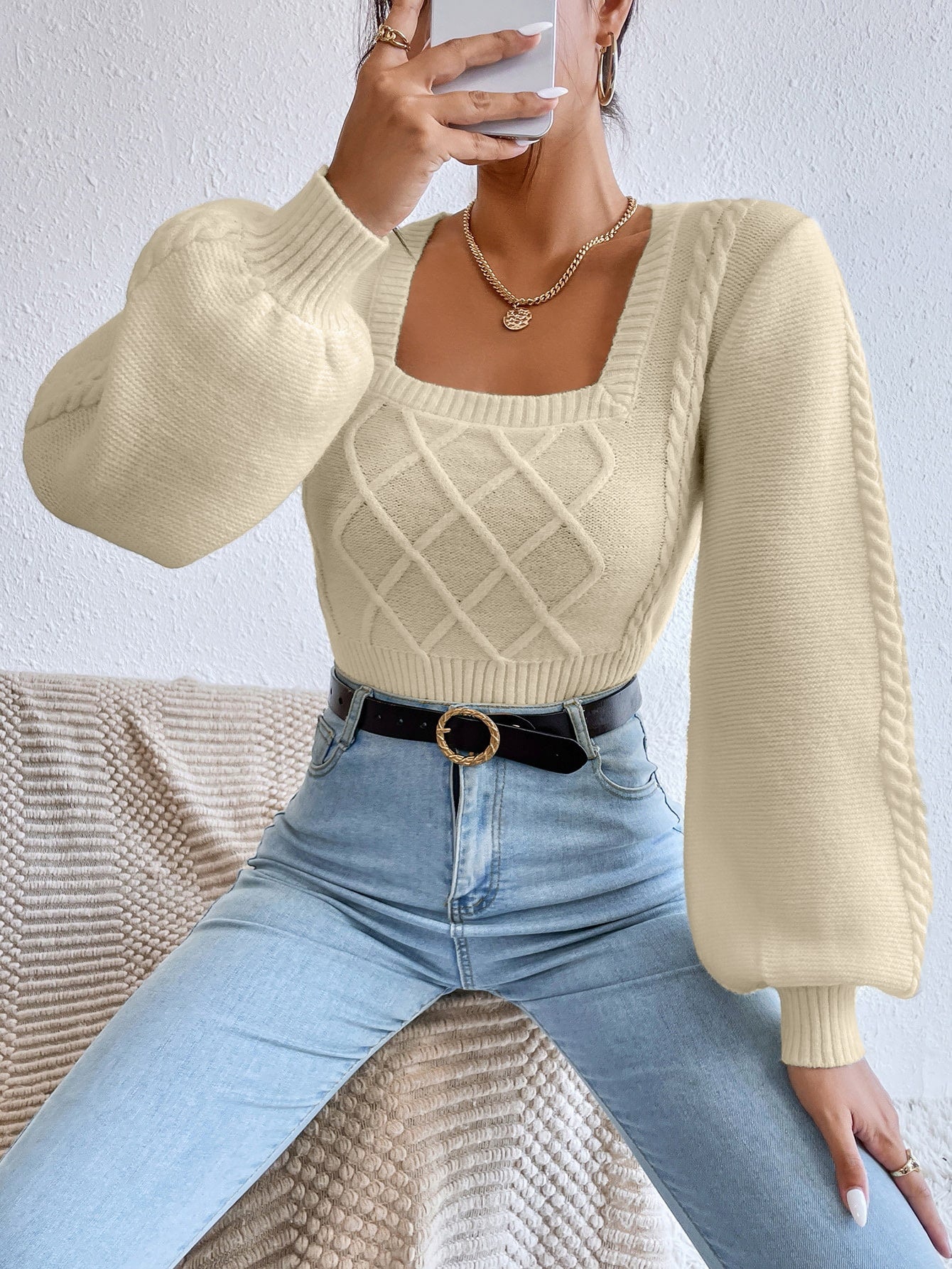 Cable Knit Lantern Sleeve Sweater
