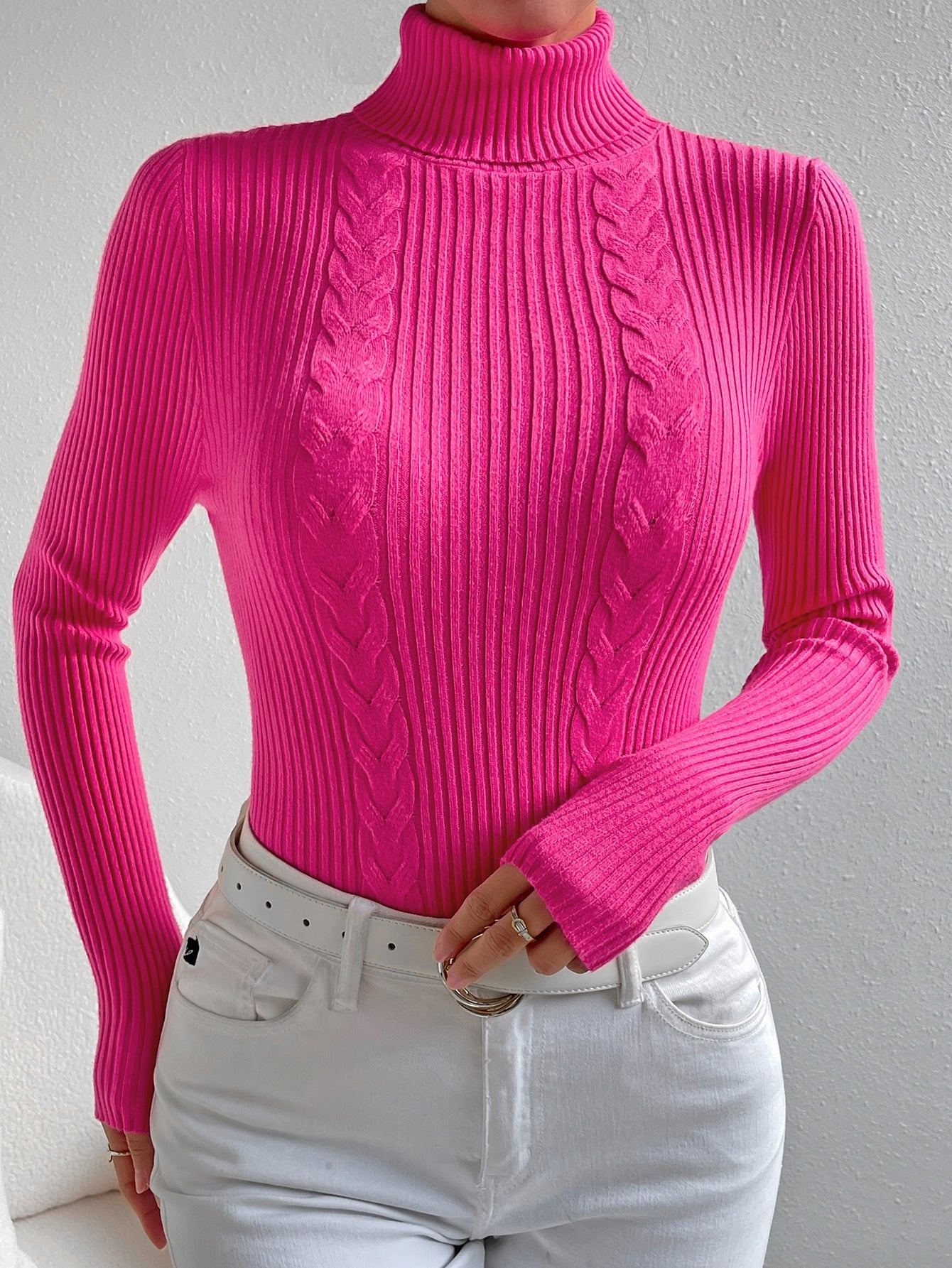Hot pink Turtleneck Cable Knit Sweater