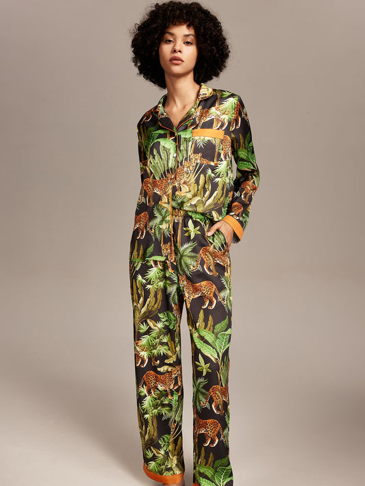 Tropical Leopard Print Satin Pyjama Set