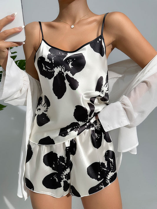 Black Floral Print Satin Pyjama Set