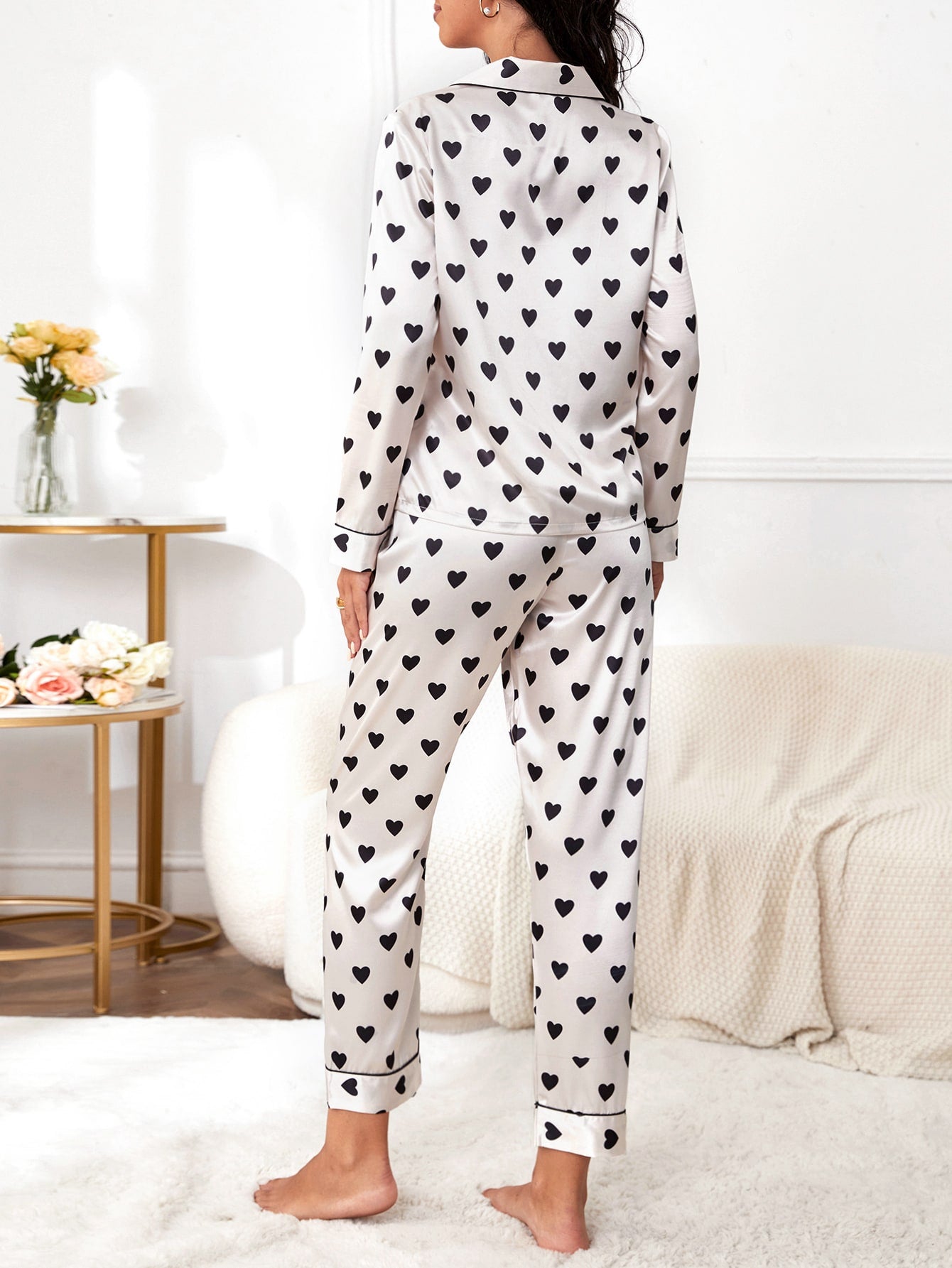 Heart Print Winter Satin Pyjama Set