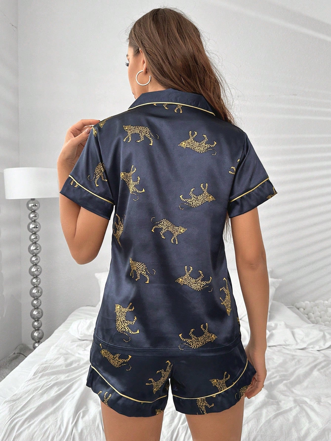 Blue Leopard Print Satin Pyjama Set