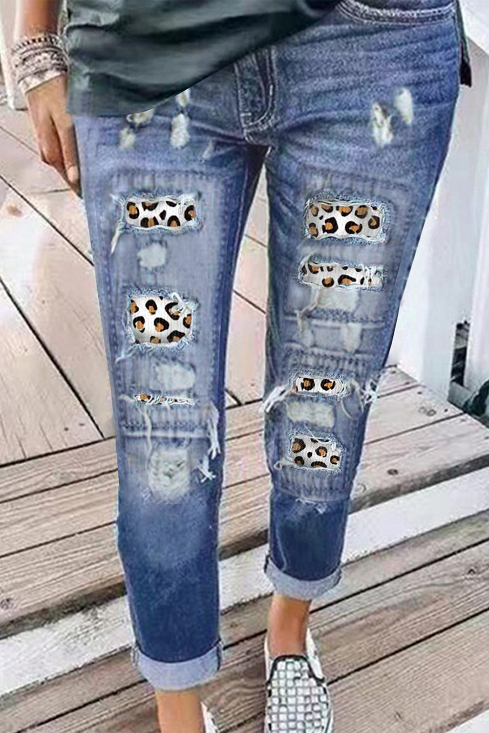 Leopard Print Ripped Jeans