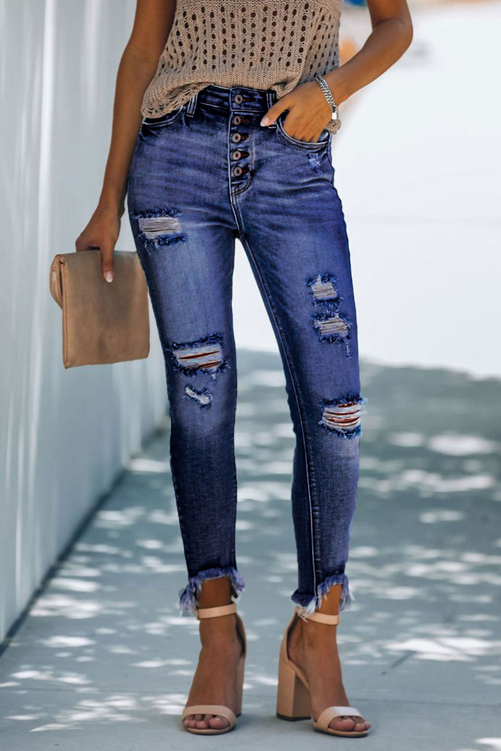 High Rise Frayed Skinny Jeans
